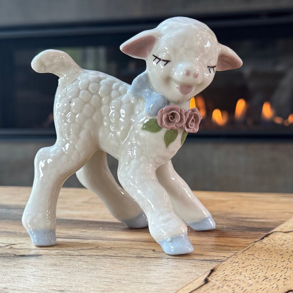 Vintage Cordelia China Co Lamb Figurine 1940s Nursery Ohio Pottery 4.75" Rose